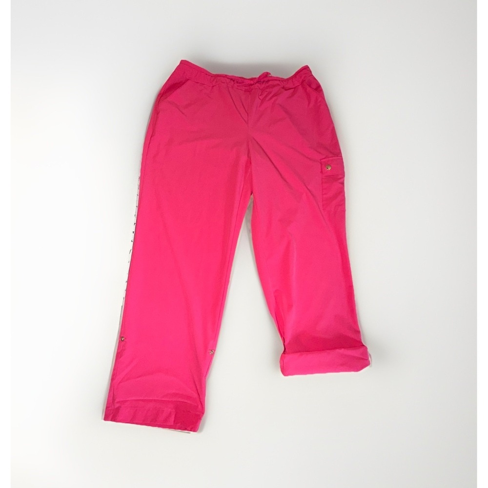 Chicos Zenergy Pants Size 14 Pink Roll Tab Hem Pockets Zip Front Casual Stretch